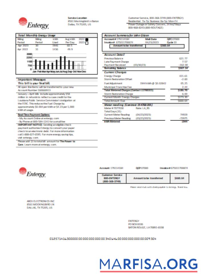 Downloadable Entergy utility business bill, page 1, SCR sample